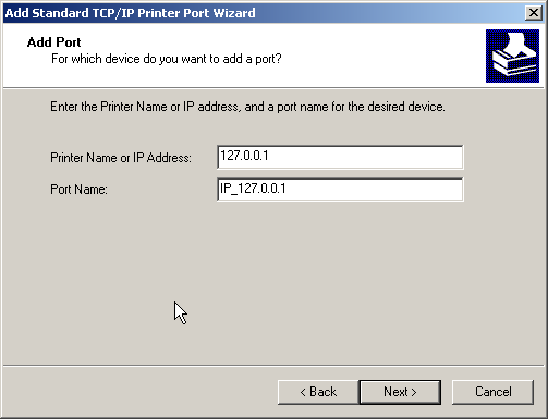 Enter the IP of the box running lpdspooler, for this example use the local box 127.0.0.1