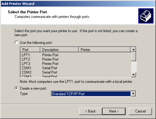 Create a new port of type Standard TCP/IP